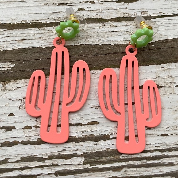 Cactus Jewelry - Cactus Earrings Neon Pink Green Dangle Metal